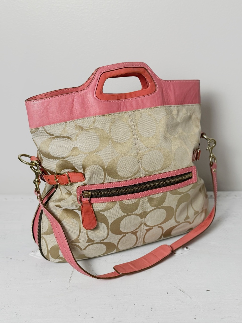 Coach Light Khaki/Coral Bonnie Signature Logo Print Fold Over Crossbody Bag 1339